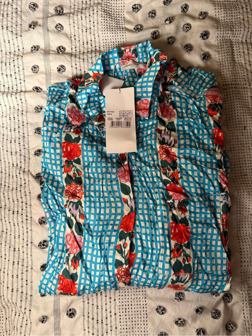 American Vintage Floral Check Button-Front Women’s Top - Blue